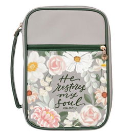 Image of Bible Cover Fashion Green Floral Printed He Restores My Soul Ps. 23:3