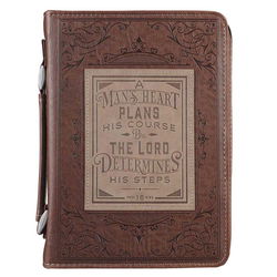 Image of BC: A Man’s Heart Faux Leather Bible Cover Brown – Proverbs 16:9 Large