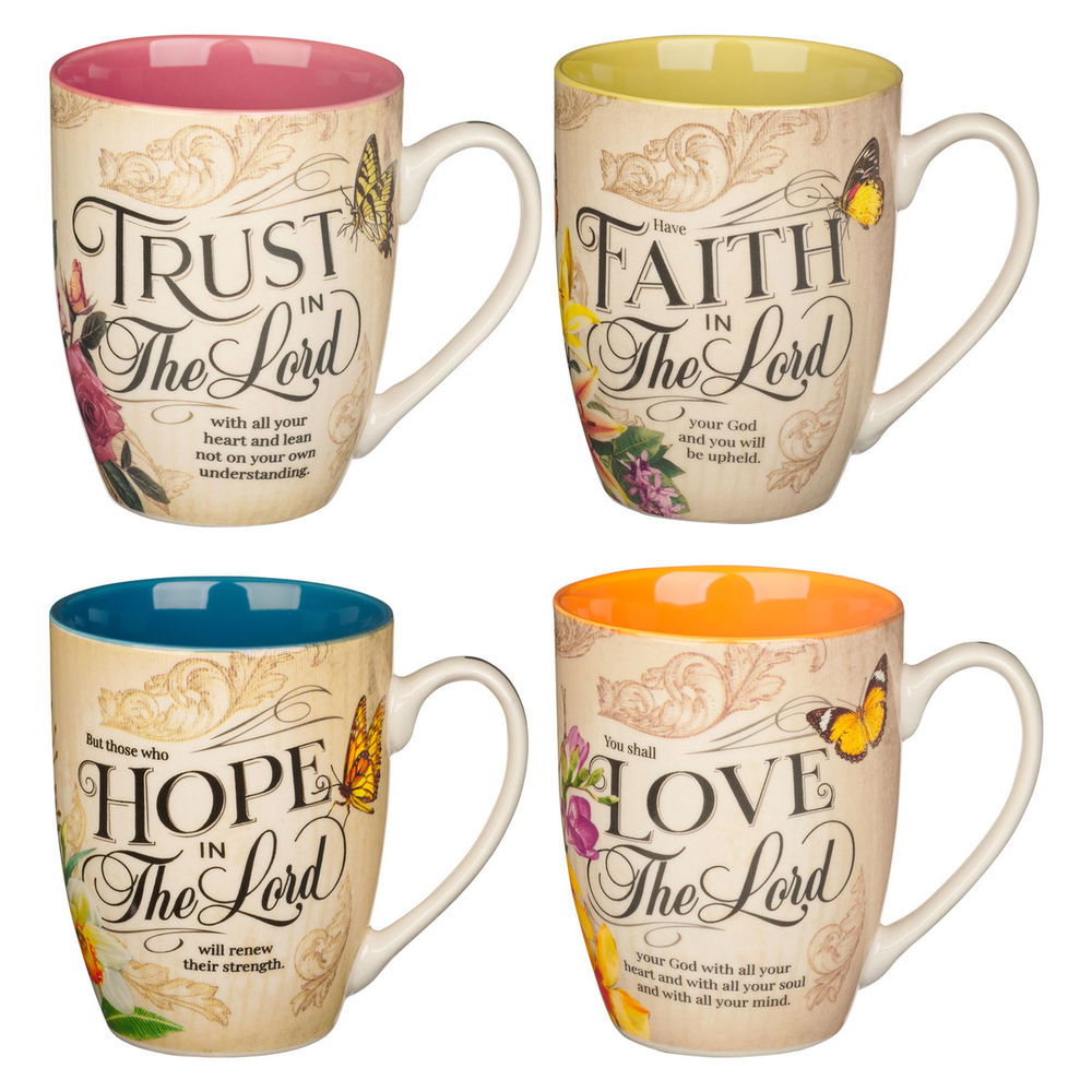 Image of Faith Trust Hope and Love Floral Mug Set