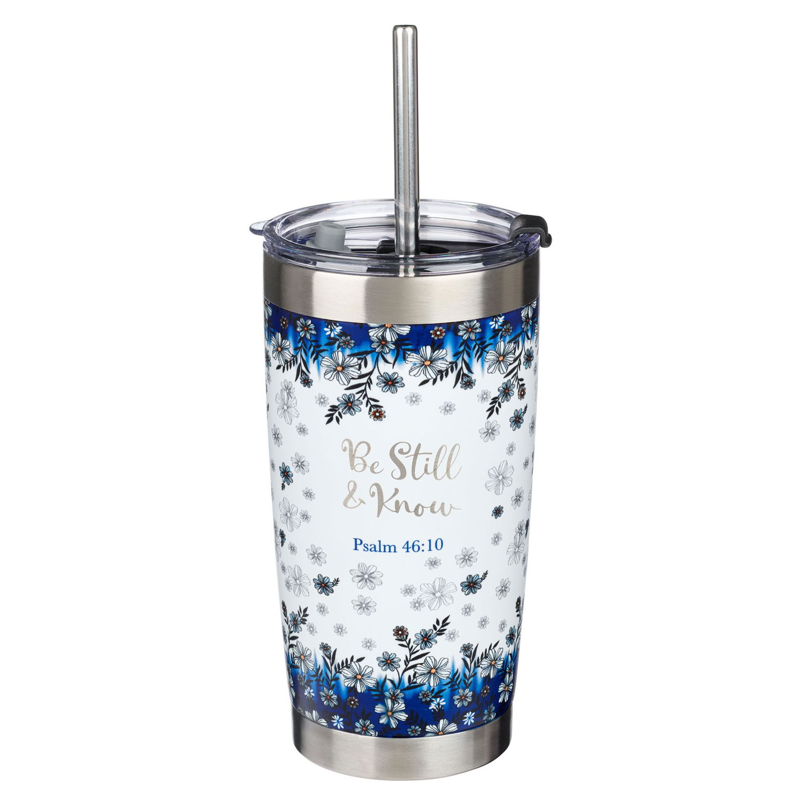 Image of Blue Floral Stainless Steel Mug – Be Still and Know – 18 oz