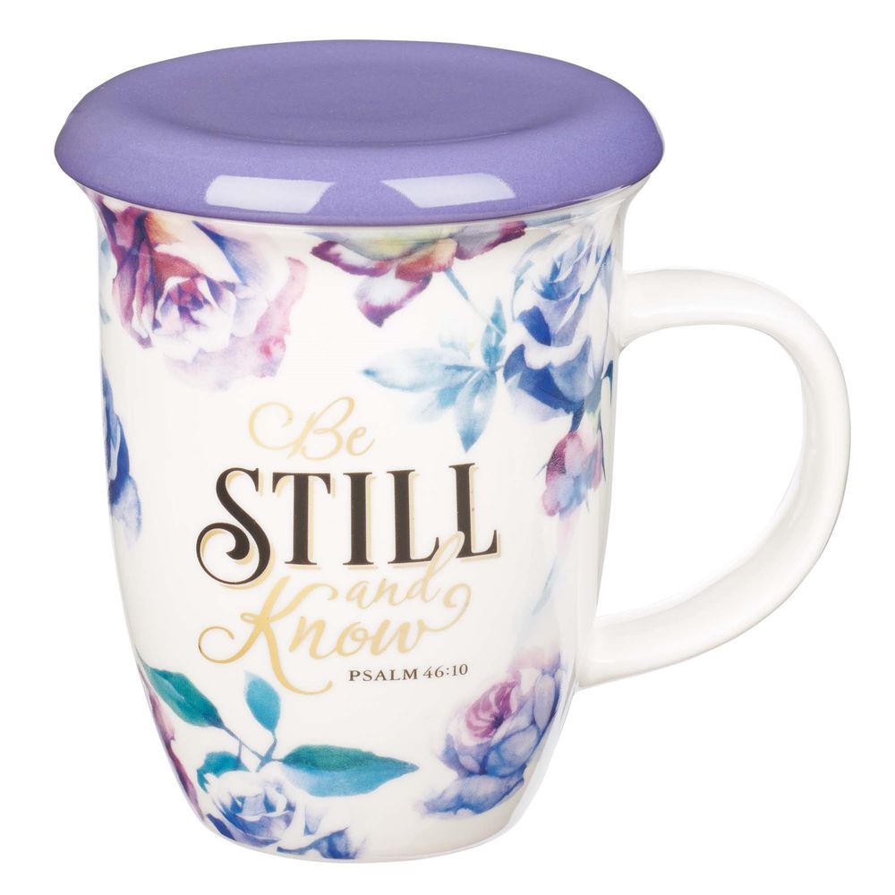 Image of Be Still and Know Lidded Ceramic Mug in Purple – Psalm 46:10