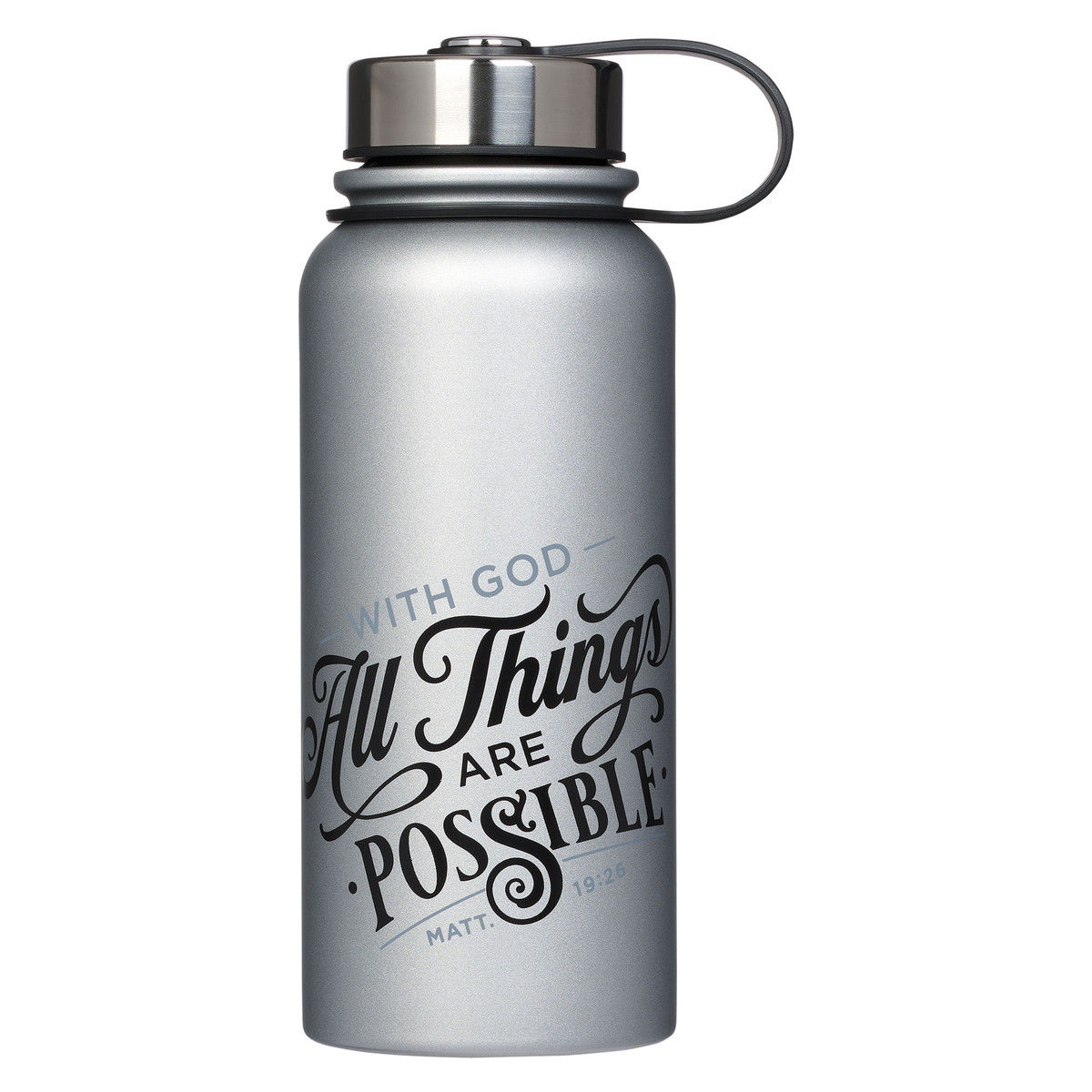 Image of Silver Stainless Steel Water Bottle – Matthew 19:26