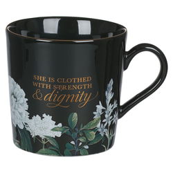 Image of Strength and Dignity Black Floral Ceramic Coffee Mug – Proverbs 31:25