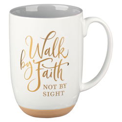 Image of Walk By Faith White Ceramic Coffee Mug with Exposed Clay Base – 2 Corinthians 5: