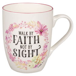 Image of Mug Pink Wreath Walk by Faith 2 Cor. 5:7