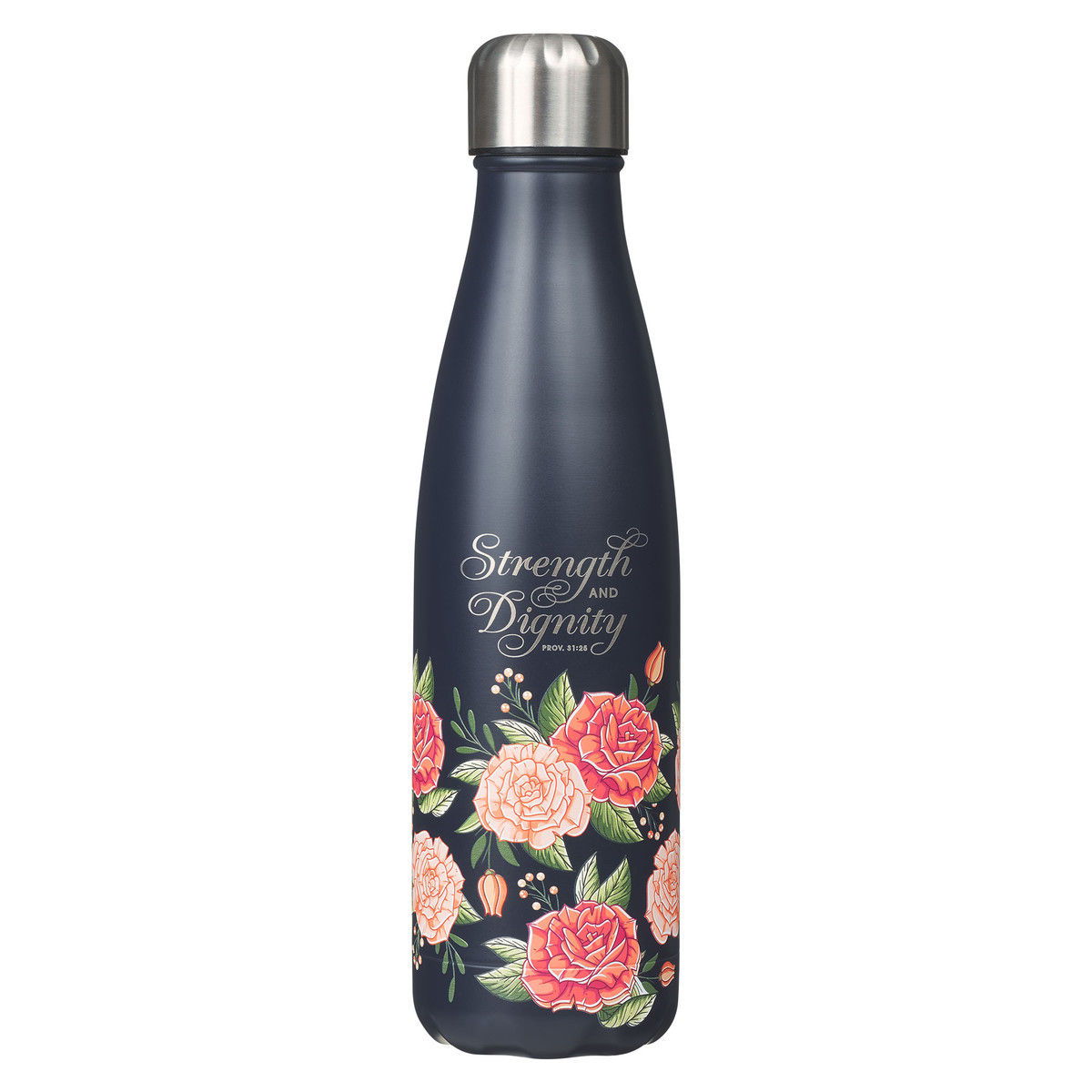 Image of Water Bottle SS Navy Floral Strength & Dignity Prov. 31:25