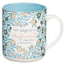 Image of Mug My White/Teal Floral Grace is Sufficient 2 Cor 12:9