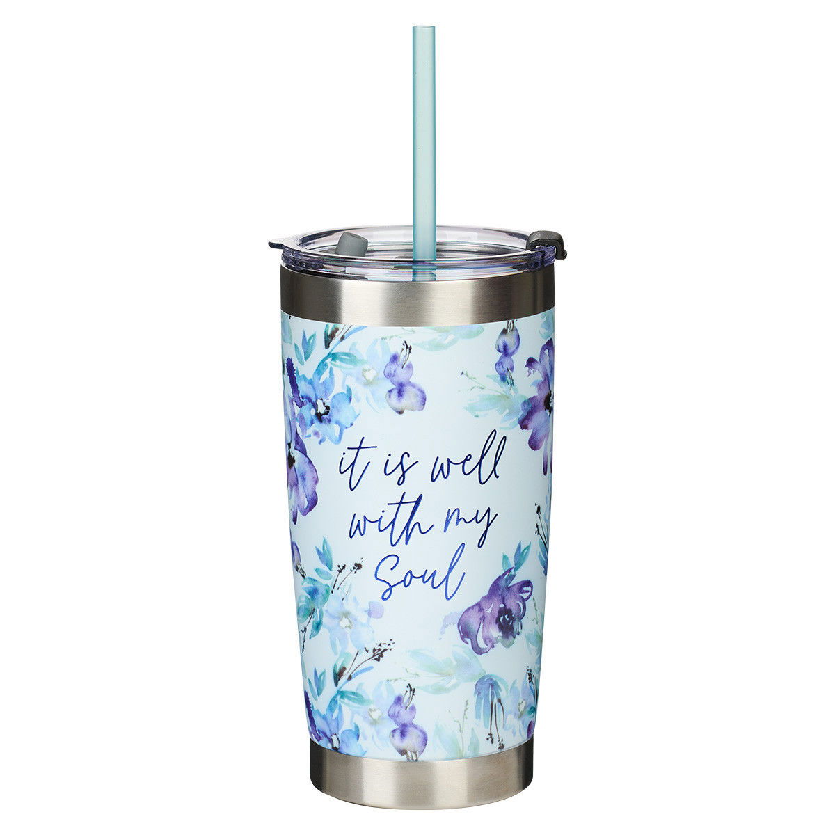 Image of Mug SS Travel Blue Floral It is Well with My Soul