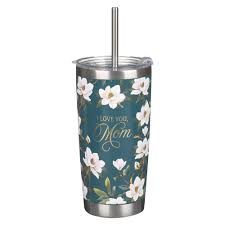 Image of I Love You, Mom Blush Magnolia Stainless Steel Travel Tumbler with Straw