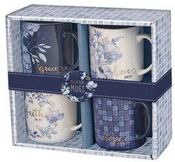 Image of Mug Set 4pc Blue Floral Geometric