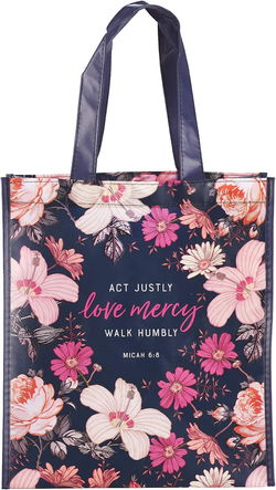 Image of Tote Navy Floral Printed Love Mercy Mic. 6:8