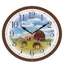 Image of Hymns Melody 11″ Round Clock-Red Barn-Pastoral- Discontinued