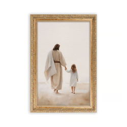 Image of Gold Framed Wall Art – Jesus Walking With Child – 18’x26′