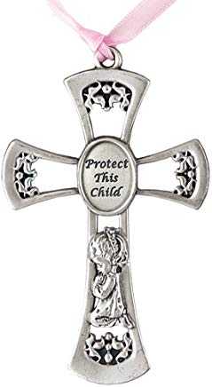 Image of Protect This Child Praying Girl 4 Inch Pewter Metal Crib Cross
