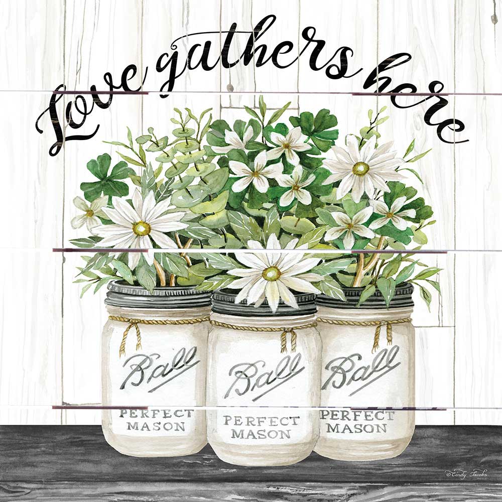Image of Pallet Art White Jars – Love Gathers Here 10×10