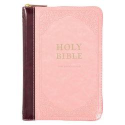 Image of Burgundy and Pink Floral Faux Leather Compact KJV Bible with Zippered Closure