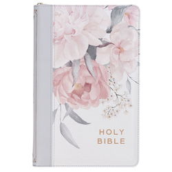 Image of Frosty Gray and Pink Floral Faux Leather DeluxeBible, Indexed, Zipper Closure