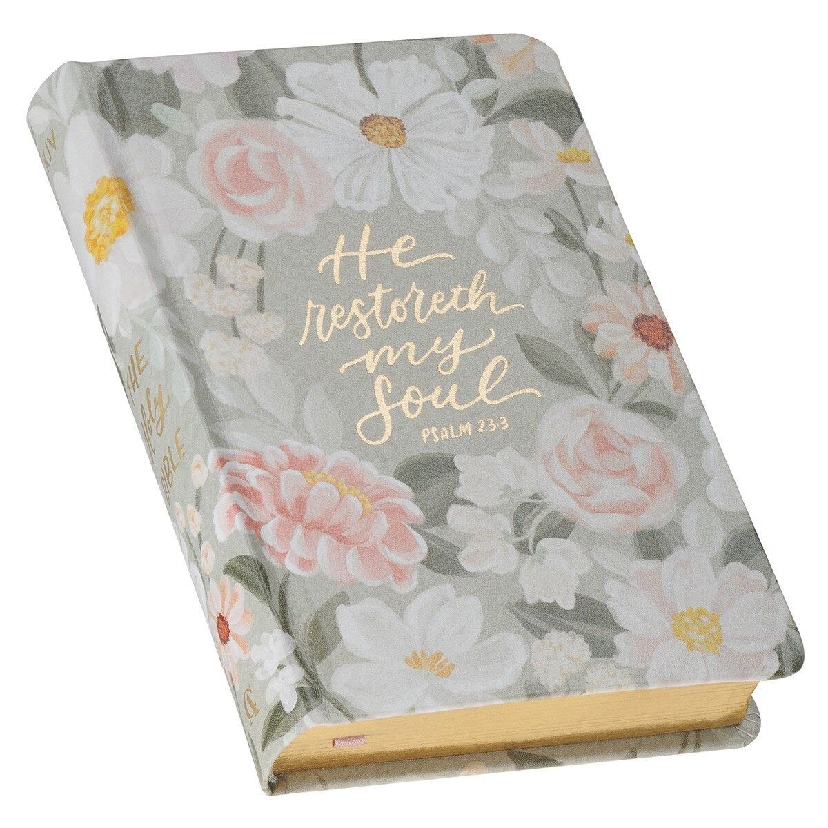 Image of KJV Bible Compact Faux Leather HC, Teal Floral Printed Ps. 23:3