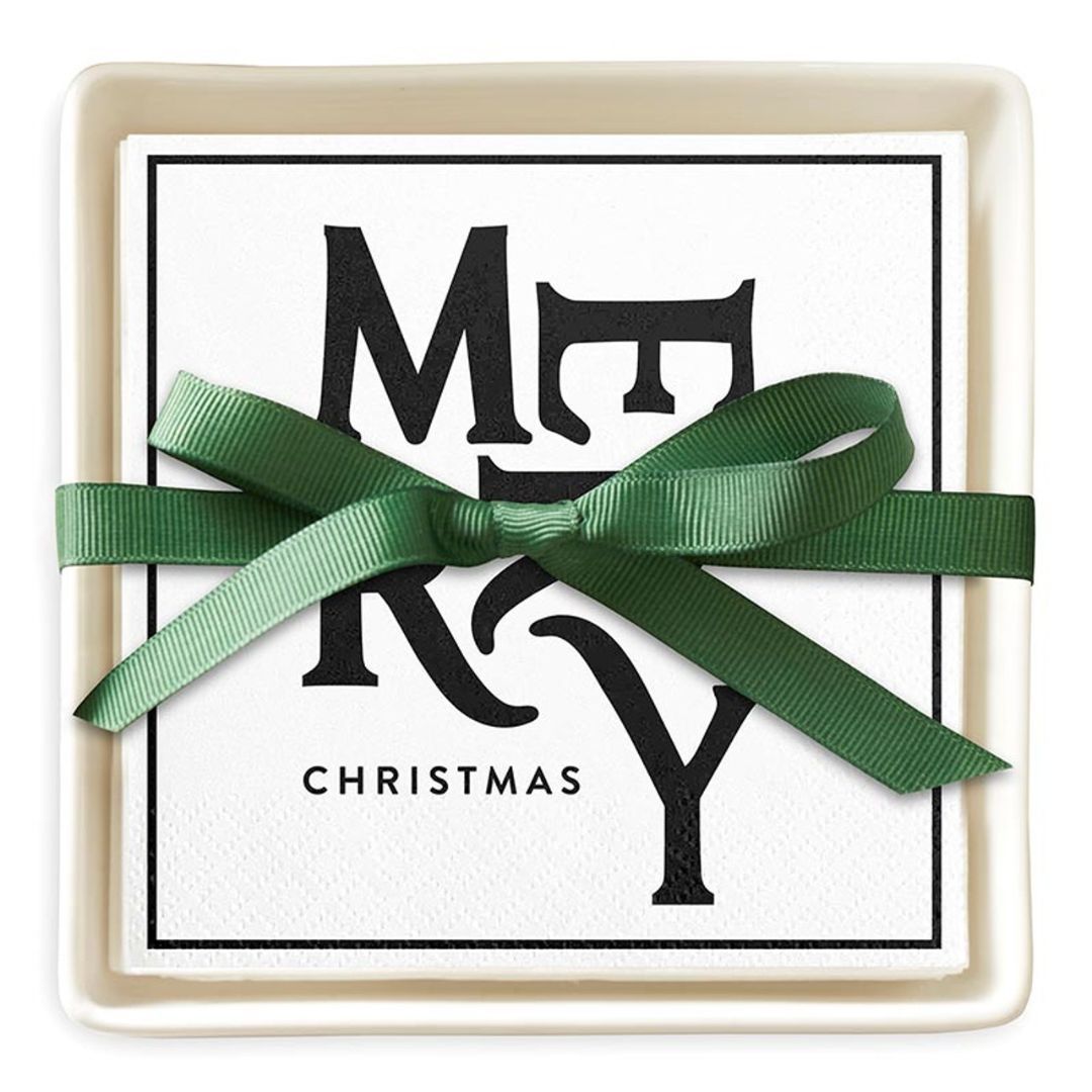 Image of Ceramic Napkin Tray + Napkins – Merry Christmas
