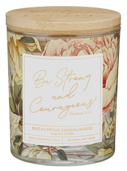 Image of Glass Candle w/Bamboo Lid Floral Strong & Courageous Josh. 1:9