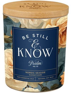 Image of Glass Candle w/Bamboo Lid Floral Be Still Ps. 46:10