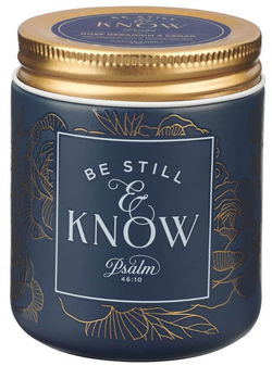 Image of Glass Candle w/Screw Top Lid Navy Be Still Ps. 46:10