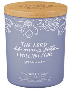 Image of Glass Candle w/Bamboo Lid Purple No Fear Ps. 118:6