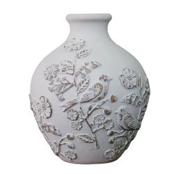 Image of Vase with Textured Flowers and Birds