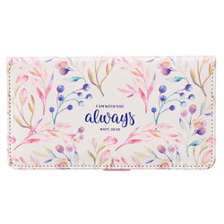 Image of Checkbook Wallet White Leaves Printed I Am With You Always Matt. 28:20