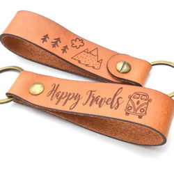 Image of Retro Camper Van Keychain – Happy Travels Leather Keychain