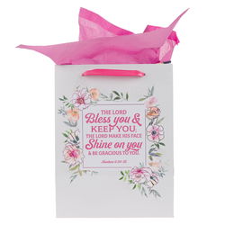 Image of Bless You and Keep You Pink Floral Large Portrait Gift Bag with Card Set