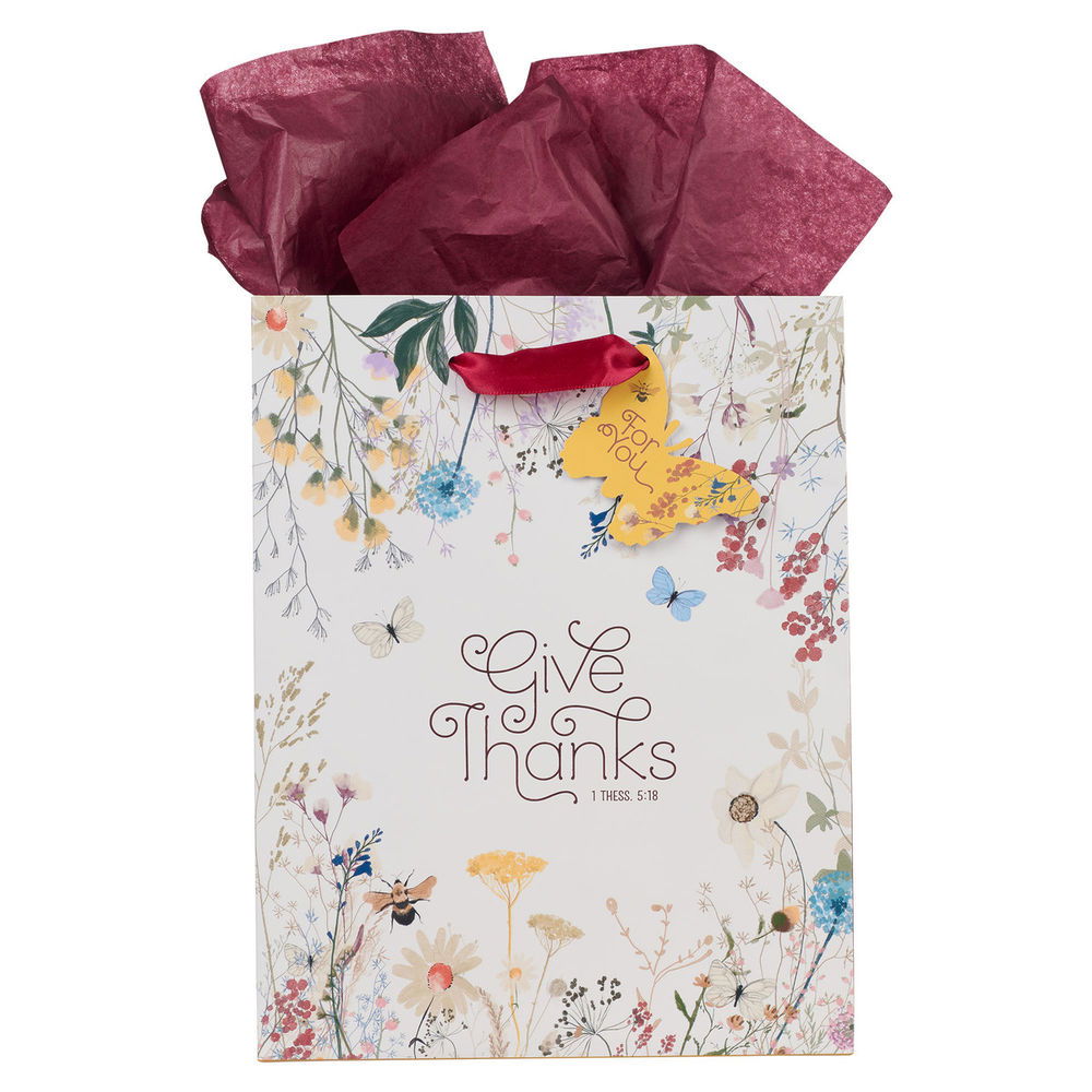 Image of Gift Bag MD White/Red Give Thanks 1 Thess. 5:18