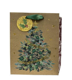 Image of Paper T. Xmas DLX Gift Bag, Xmas  Tree, Medium, Kraft+HS, j-hook+tag