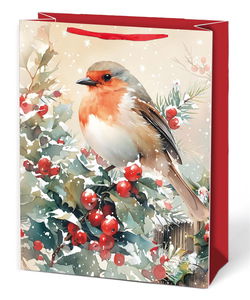 Image of Paper T. Xmas Gift Bag, Cardinal  w/Berries, Medium, Matte+Glitter