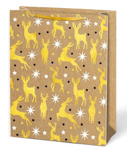 Image of Paper T. Xmas Gift Bag, Gold Deer on  Kraft, Large, Matte+HS, tag+j-hook
