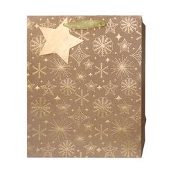 Image of Paper T. Xmas DLX Gift Bag, Golden  Text, Large, Kraft+HS, j-hook+tag