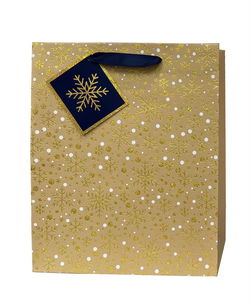 Image of Paper T. Xmas DLX Gift Bag, Gold  Snowflakes, Large, 10.25’x12.6’x4.7′