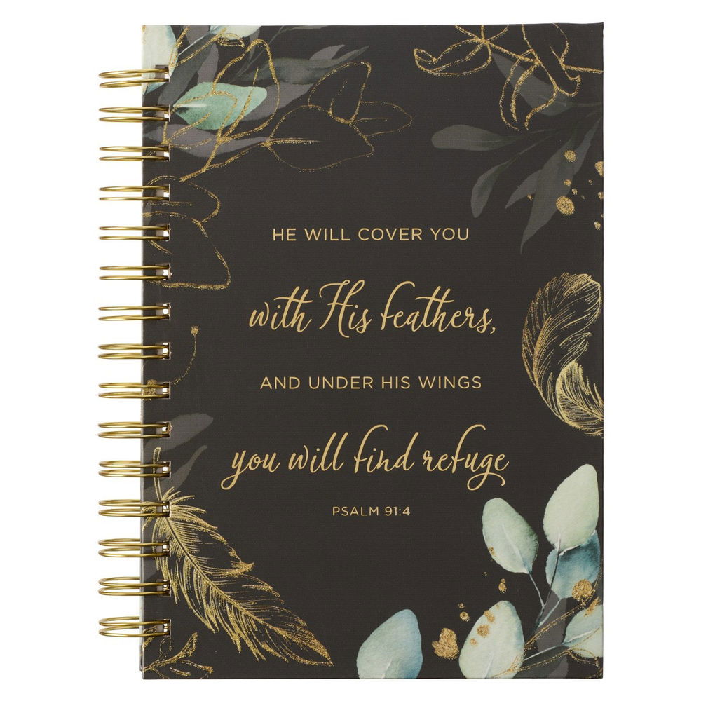 Image of Find Refuge Black and Gold Feather Large Wirebound Journal – Psalm 91:4