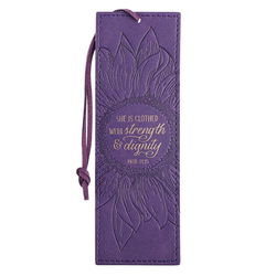 Image of Bookmark Faux Leather Purple Strength & Dignity Prov. 31:25