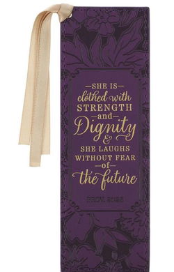 Image of Bookmark Faux Leather Purple Strength and Dignity Prov. 31:25