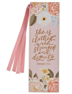 Image of Bookmark Faux Leather Pink Strength & Dignity Prov. 31:25