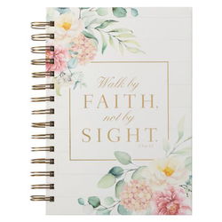 Image of Walk By Faith White Floral Wirebound Journal – 2 Corinthians 5:7