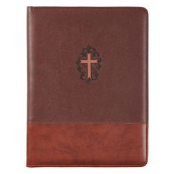 Image of Portfolio Folder With Cross Two-Tone Brown Faux Leather John 3:16