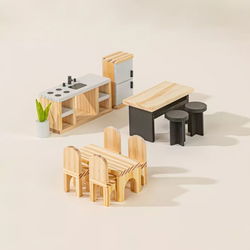 Image of Wooden Doll House Kitchen Furniture & Accessories (11 pcs)