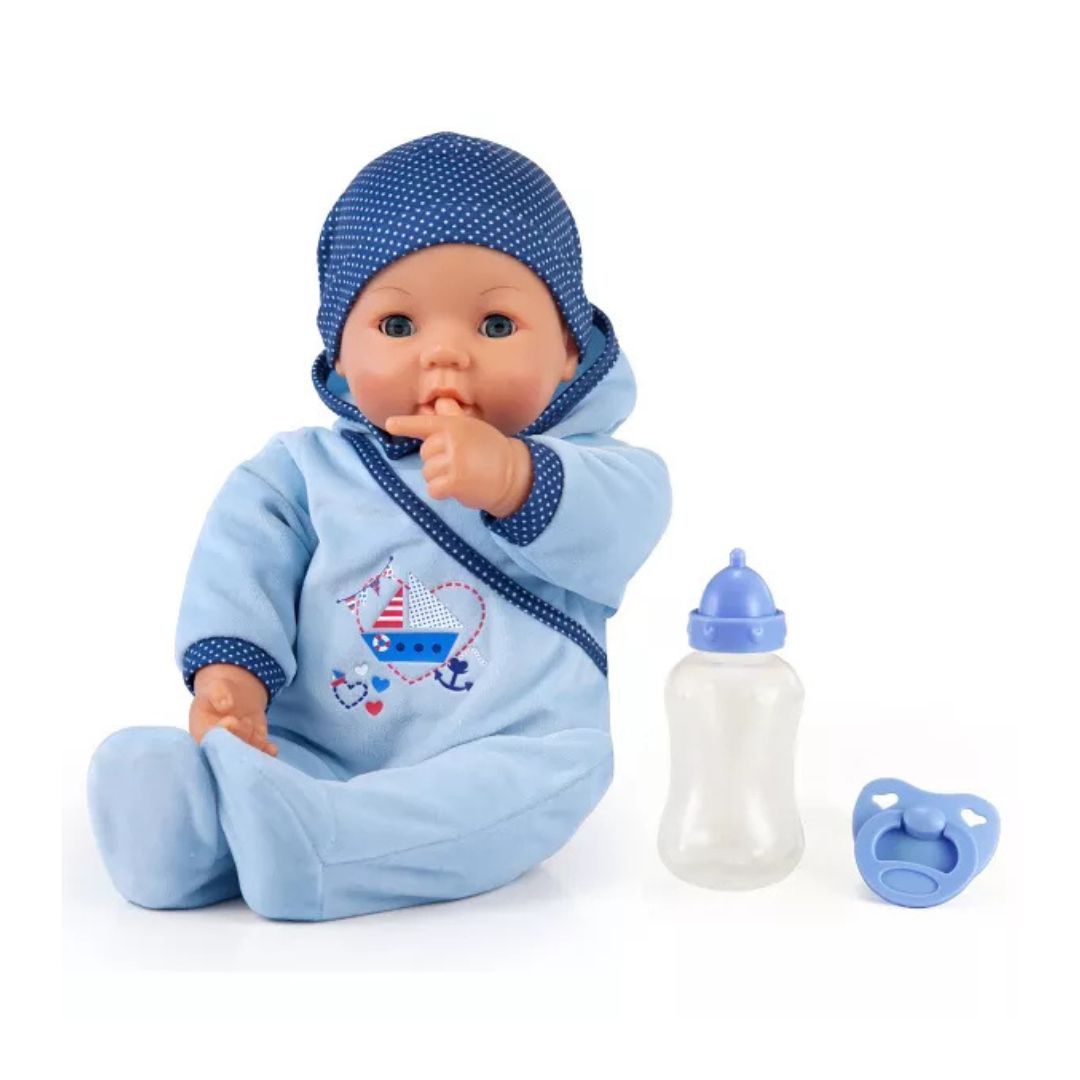 Image of Hello Baby Boy 18″ w/ Blue Boat, Pacifier, Bottle, Matching Cap
